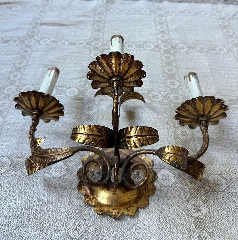 Vintage tole gold leaf Italian Sconce Wall Candle Light Italy gilded